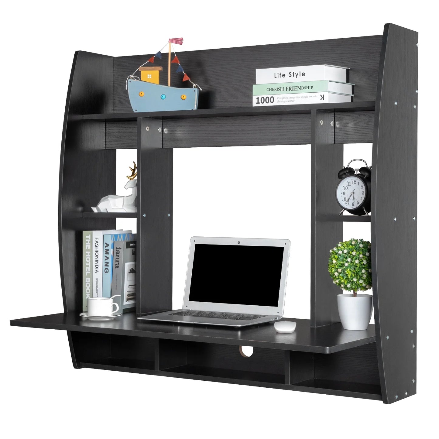 Black Wall Mounted Floating Office Computer Desk Table Storage Shelf