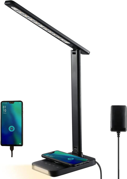 LED Desk Lamp with Fast Charger, USB Charging Port, Desk Light for Home Office with 5 Brightness Levels, Touch Control, 30/60 Min Auto Timer, Eye-Caring Dimmable Table Lamp with Adapter