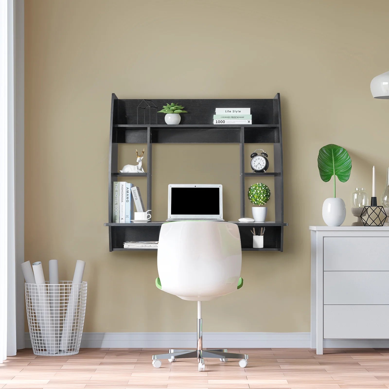 Black Wall Mounted Floating Office Computer Desk Table Storage Shelf