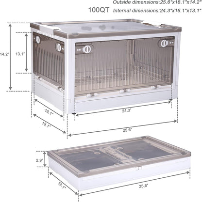 Collapsible Storage Boxs with Lids, Front Door Plastic Folding Storage Container, Stackable Storage Bins with Wheels, Plastic Organization Cube Box for Home & Office Organization (100 Quarts)